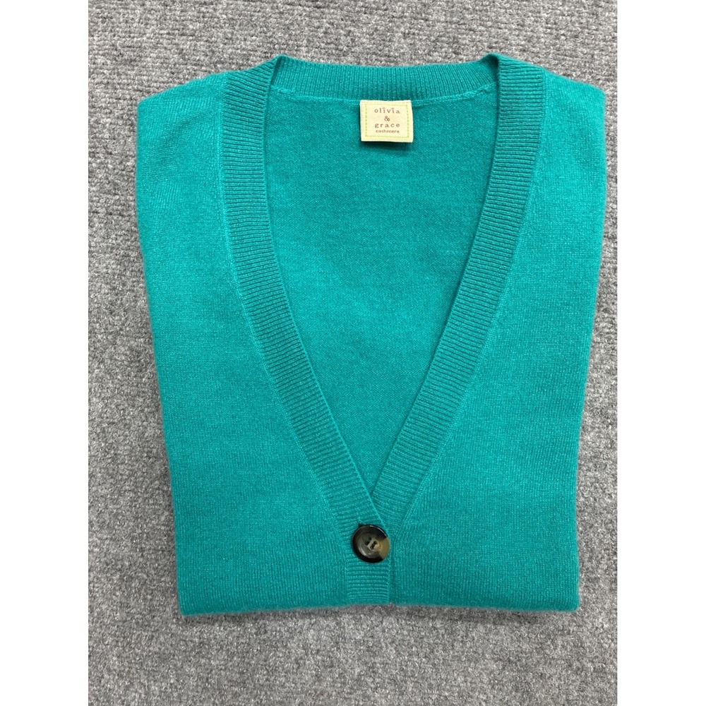 Cashmere Cardigan Sweater Top Teal turquoise V-Neck Button Front Large